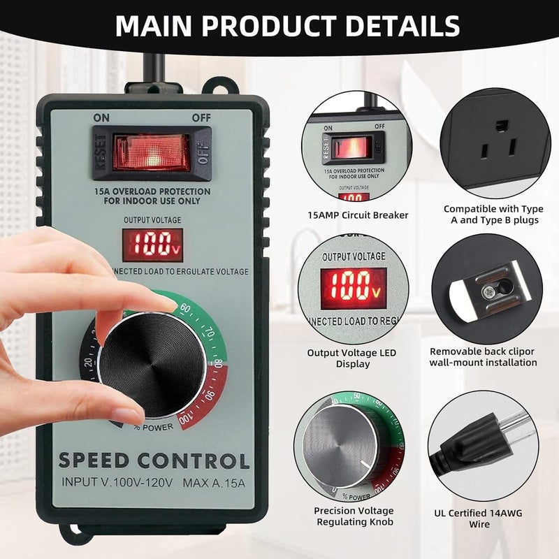 Boxyouping Adjustable 4000W AC Motor Speed Controller for Angle Grinder, Electric Drill, Polishing Machine & Fan - 110V, Variable Speed Control with Overload Protection, Voltage LED Display - Image 2